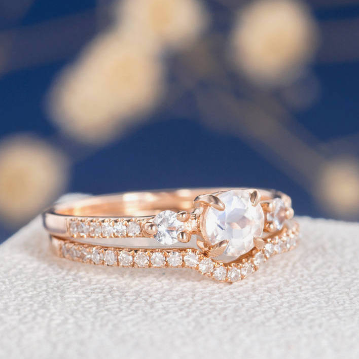 14K Rose Gold, Moonstone & Diamond Bridal Set