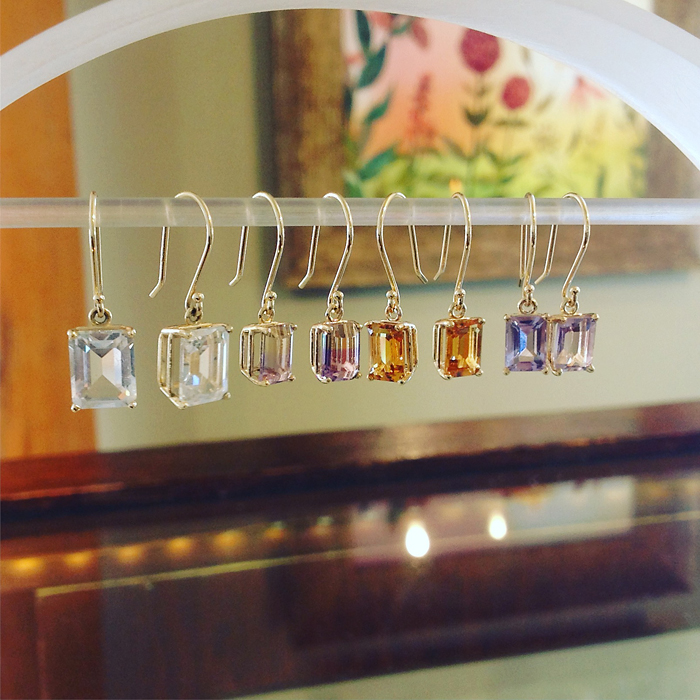 14K Yellow Gold Emerald Cut Gemstone Drop Earrings