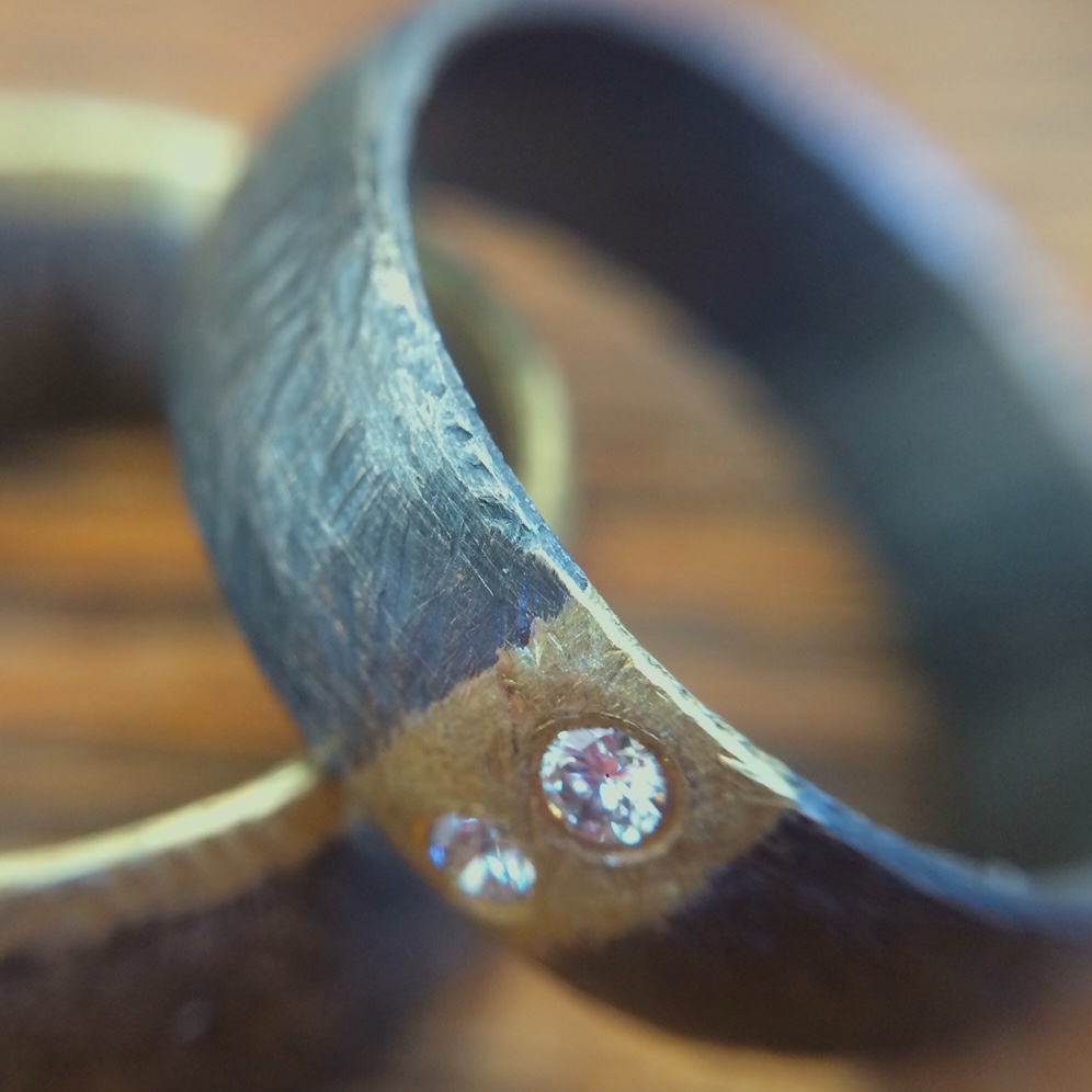 Oxidized Sterling Silver, 18K Gold & Diamond Bands by Heather Guidero