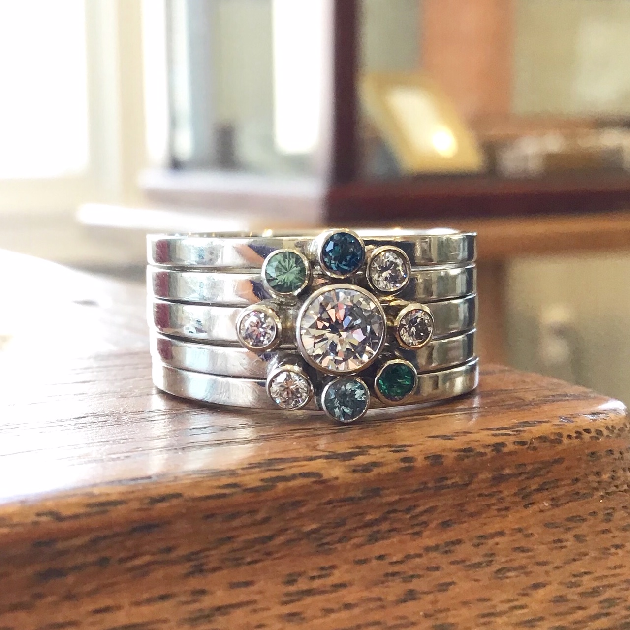 18K White Gold Five Band Family Birthstone Flower Ring by LeeAnn Herreid