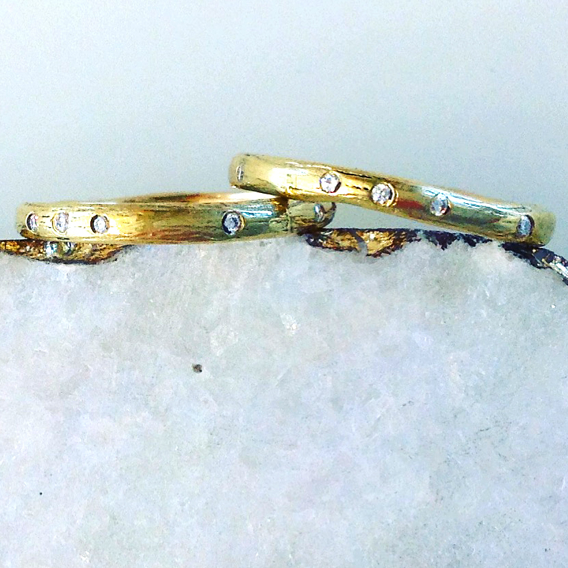 14K Gold Cast Twig & Diamond Bands by Darrien Segal