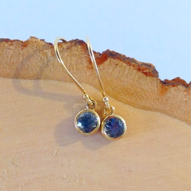 Upcycled 14K Bezel Set Montana Sapphire Earrings 