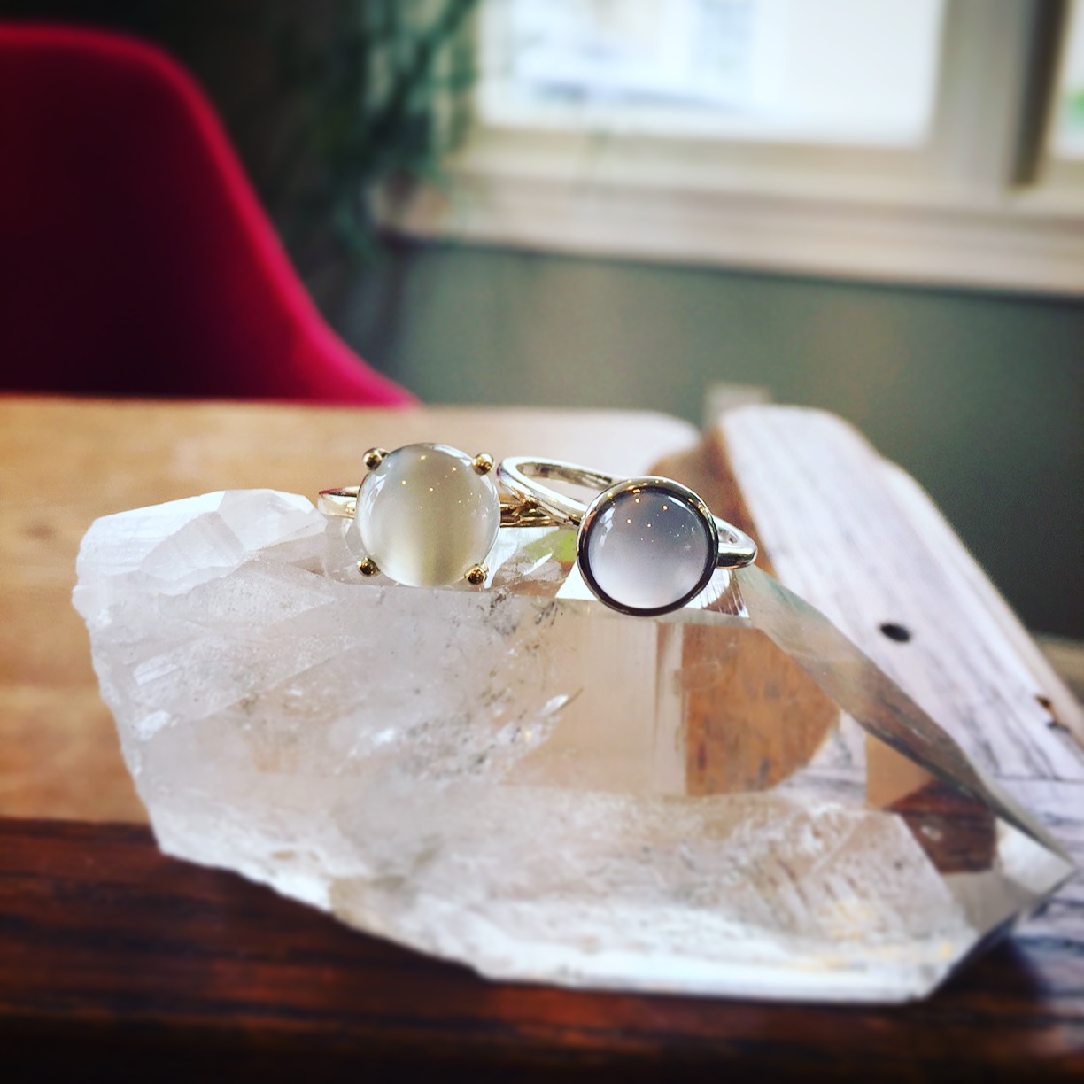 14K Yellow White Moonstone & Sterling Silver Blue Chalcedony Rings 