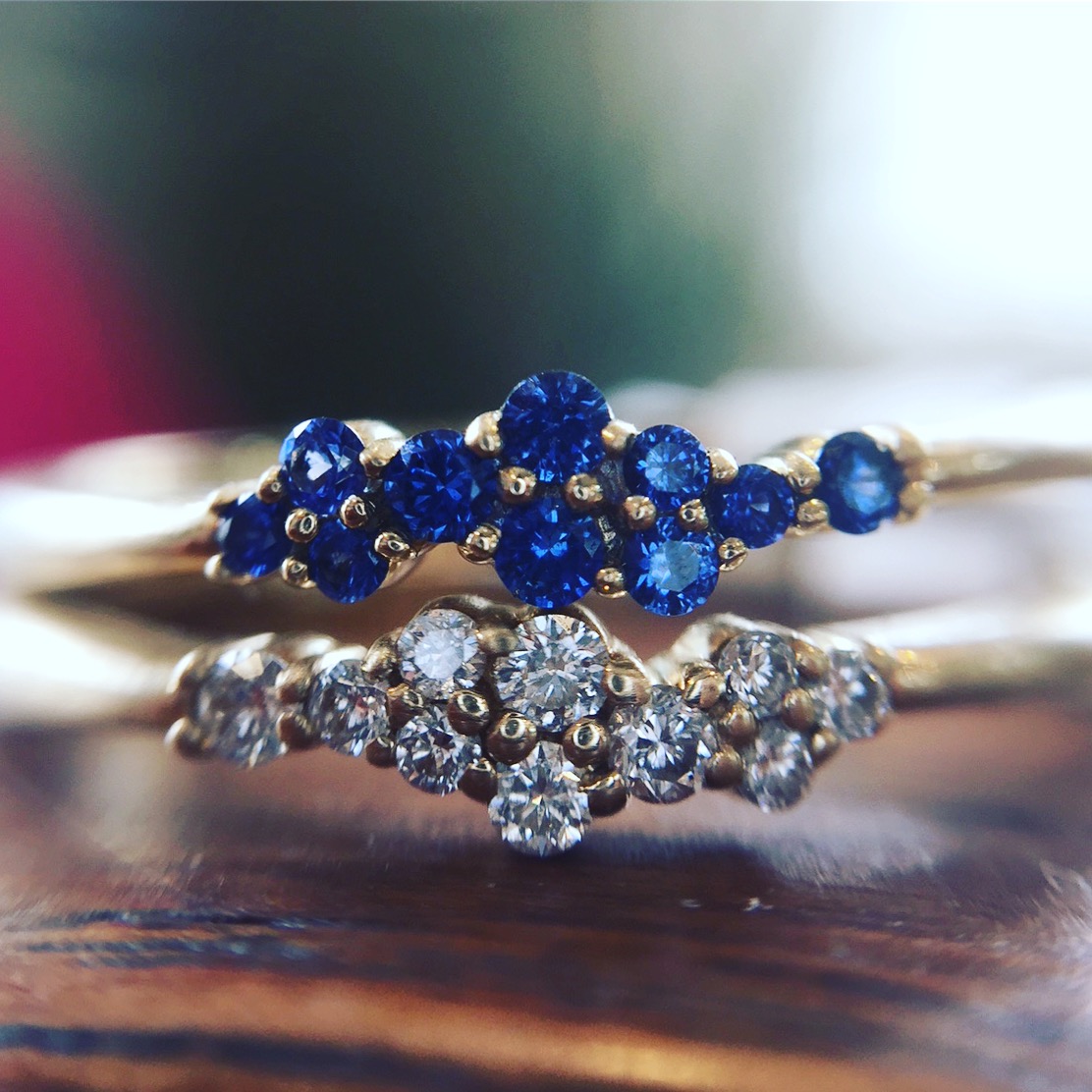 14K Yellow Gold Diamond and Sapphire Cluster Rings  