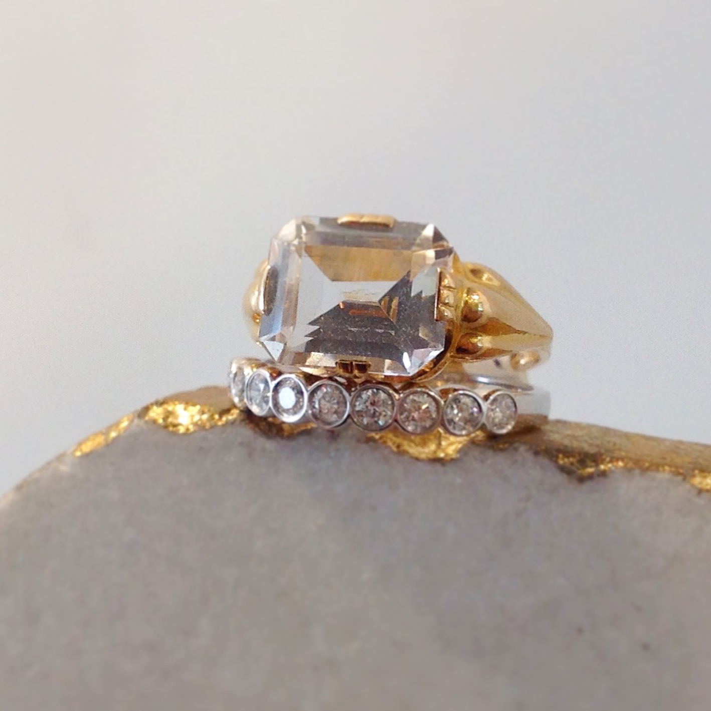 Vintage 18K Yellow Gold Rock Crystal Ring with 14K White Gold Bezel Set White Sapphire Band 
