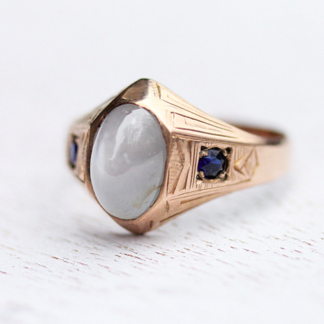 Vintage 14K Yellow Gold Moonstone & Sapphire Ring 